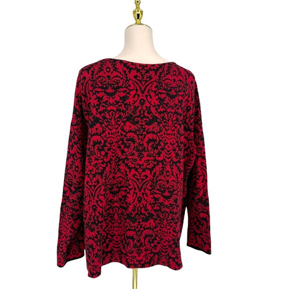 J. Jill Jacquard Tunic Sweater 3X Red Black Damask Rhinestone Sparkle Holiday - Picture 10 of 11
